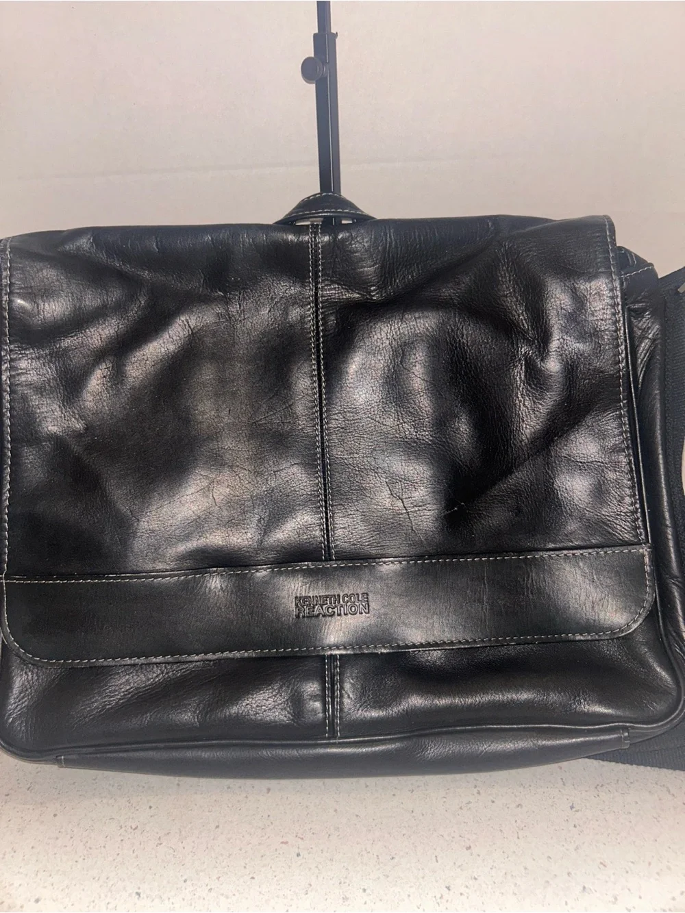 Kenneth Cole Reaction Black Leather Messenger with Adjustable Strap